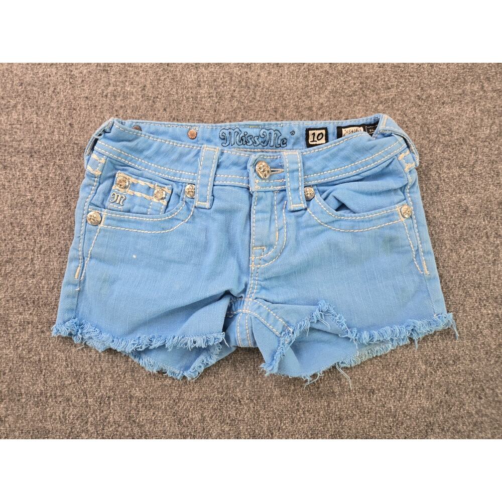 Miss Me Sky Blue Frayed Denim Shorts Youth Girls Sz 10 Mcbling Y2K Rhinestone - Picture 4 of 15
